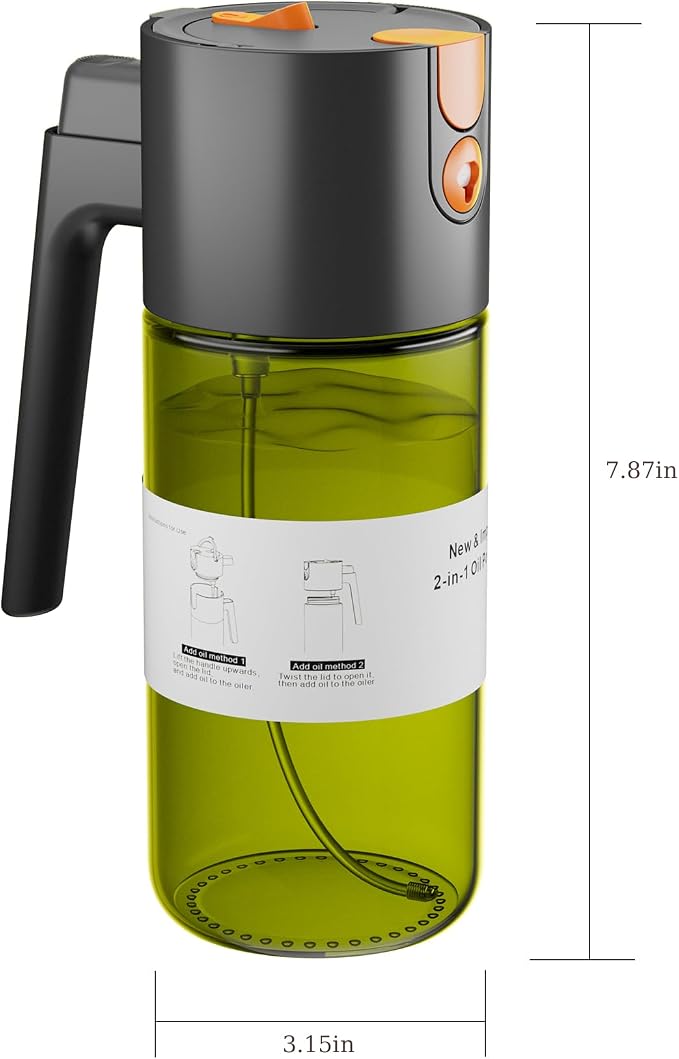 LAKUMIQI 2 in 1 Oil Sprayer & Dispenser, 17 oz Light-Blocking Glass Bottle | Large Capacity, Wide-Mouth for Easy Pouring and Cleaning, Leak-Proof Oil Bottle with Stickers for Salads, Air Fryers, BBQ