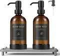 Luxspire Soap Dispenser Set, Hand Soap Dispensers with Fast Drying Tray, 17 oz Glass Refillable Liquid Bottle for Bathroom & Kitchen, Kitchen, 2 Pack, Brown + Dark Gray