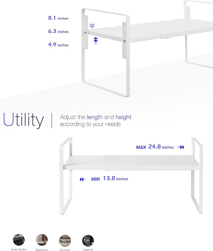 Nxconsu Cabinet Shelf Expandable Height Adjustable Shelf Organizer Riser for Kitchen Cabinet Pantry Cupboard Under Sink Countertop Organization Storage Space Saver Stackable Heavy Duty Metal White XL