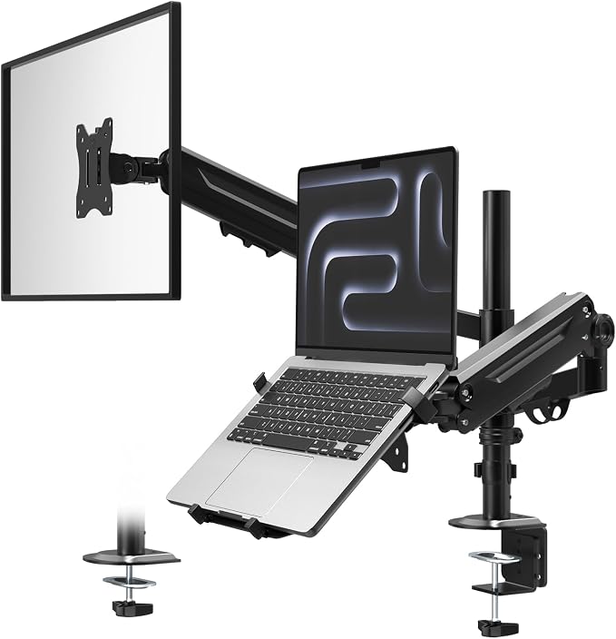PUTORSEN Laptop Arm Mount for 17-35'' Monitors & 12-18'' Notebook | 19.8lbs per Arm, Laptop Monitor Mount with Adjustable Laptop Tray, C-clamp or Grommet Mount,VESA 75/100mm