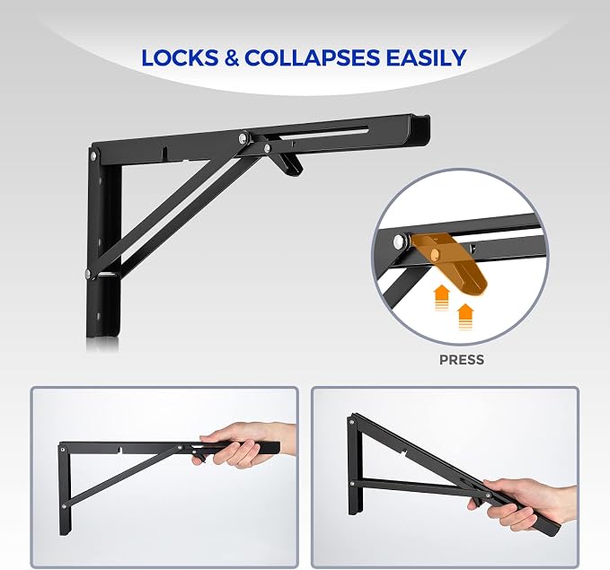 Ravinte Matte Black Folding Shelf Brackets, 16 Inch, 2 Pack | Collapsible Bracket Design, Table And Bench Support, Space-Saving Shelf Setup, For Worktops, Laundry Rooms, Garage Projects