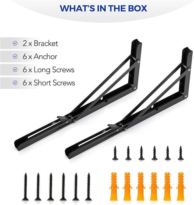 Ravinte Matte Black Folding Shelf Brackets, 16 Inch, 4 Pack | Collapsible Bracket Design, Table And Bench Support, Space-Saving Shelf Setup, For Worktops, Laundry Rooms, Garage Projects