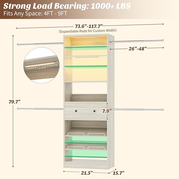 Armocity Wood Closet Organizer System with Sensing Light - 4FT-9FT Expandable Wardrobe Closet with Drawer & 4 Hanging Rods, Heavy Duty Walk-in Closet 1000Lbs for Bedroom Walk-in Closet, White Oak