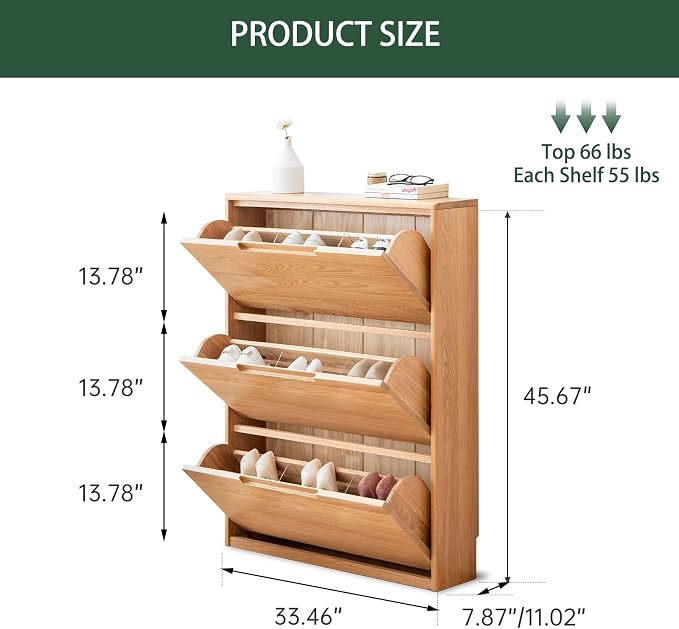 Fully-Assembled Oak Shoe Cabinet with 3 Flip Drawers, Solid Wood Shoe Storage Cabinet, Narrow Shoe Organizer for Entryway, 7.9" x 33.5" x 45.7", Oak Wood, Natural