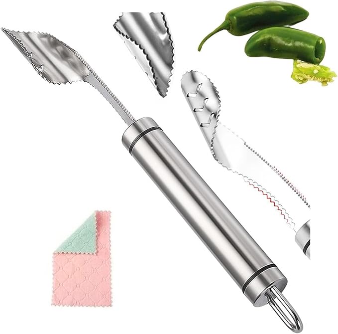 Pepper Seed Corer Remover with Cleaning Cloth, 304 Stainless Steel Fruit Seed Remover with Serrated Teeth, Jalapeno Pepper Corer Tool Chili Deseeder, Essential Kitchen Gadgets (1pcs)