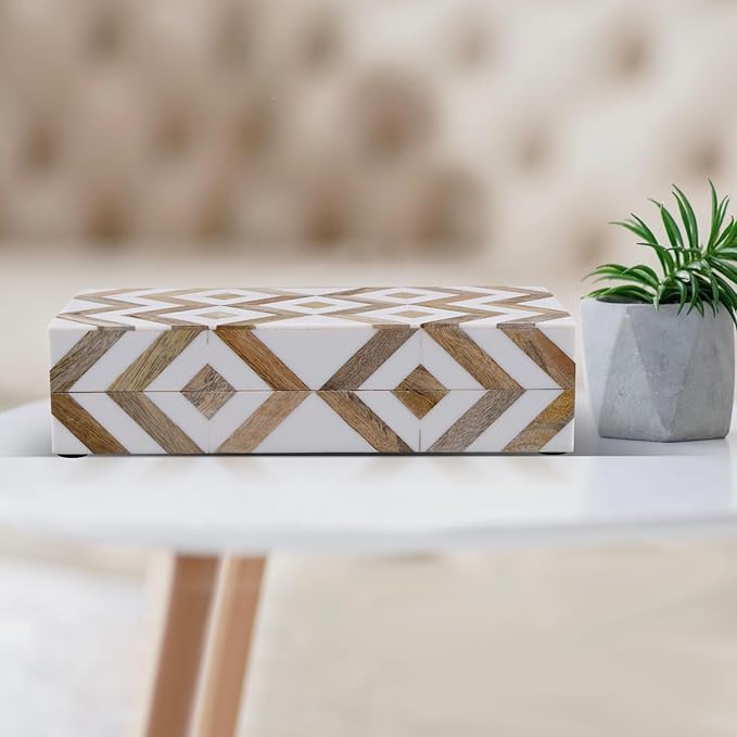 Handicrafts Home White Decorative Storage Box with Lid Wooden Coffee Table Storage Box Decorative Organizer for Living Room Decor – Resin Inlay Marquet Array Collection- 10x4.5x2.5