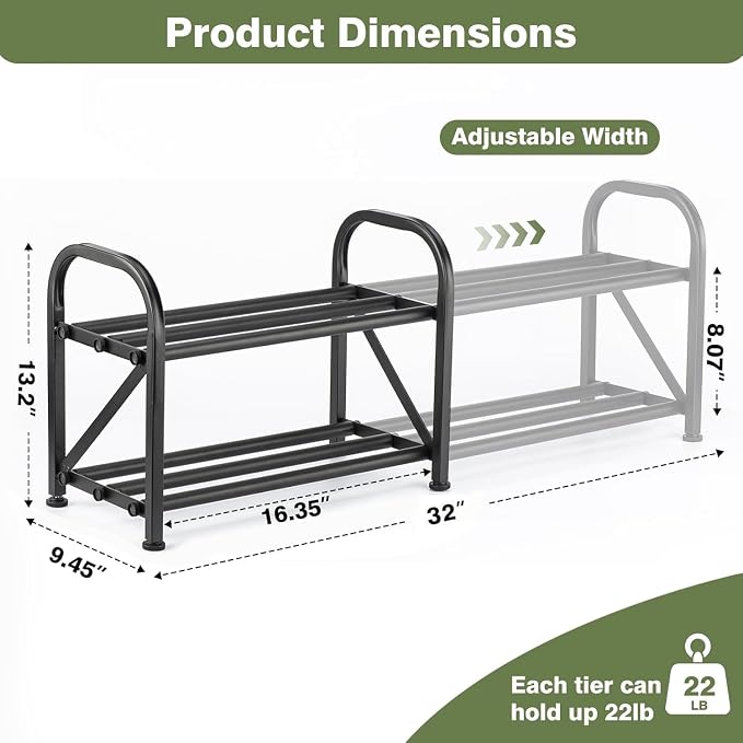 2-Tier Shoe Rack for Closet, 16"-32" Expandable Shoe Rack, Adjustable for Entryway Closet Doorway Sturdy Metal, Black