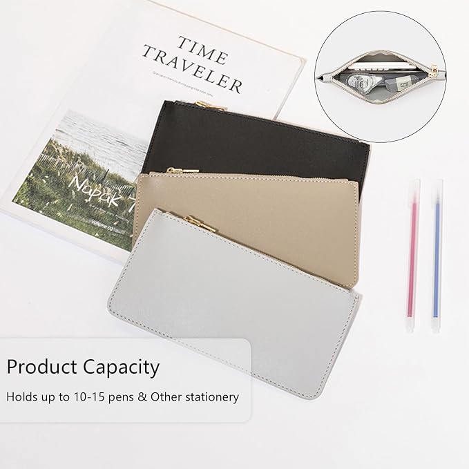 Pencil Pen Case Stationery Case Pouch Bag (Black,Faux leather)