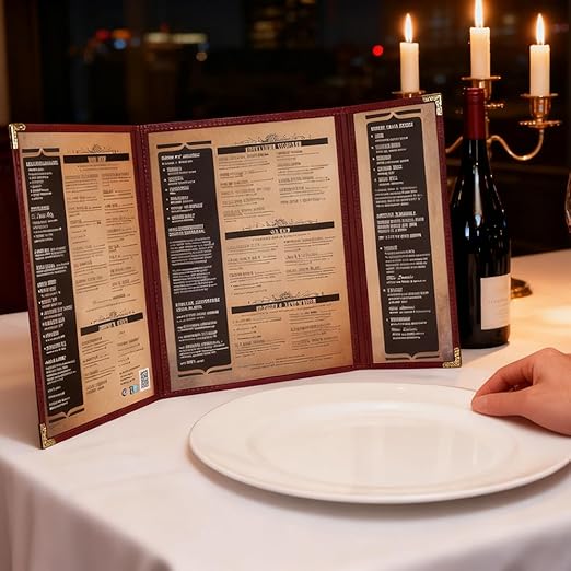 Goodsmart Restaurant Menu Covers – 25 Pack Burgundy 6 Views Trifold, Side-Loading Menu Holders, Vinyl & Plastic Café Menu Covers, Clear Menu Sleeves, Fits 8.5" x 11" & 4.25" x 11", Gold Corners