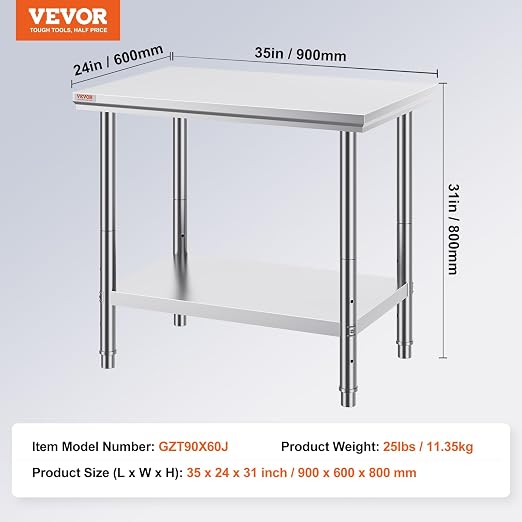 Vevor Stainless Steel 900x600x800 mm Commercial Kitchen Prep & Heavy Duty Metal Work Table with Adjustable Feet for Restaurant, Home and Hotel : Industrial & Scientific