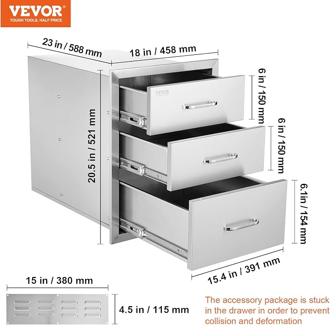 VEVOR 18x23 Inch Outdoor Kitchen Cabinets 18W x 20.5H x 23D Inch, BBQ Drawers Stainless Steel, Outdoor Kitchen Drawers Triple Access with Chrome Handle, BBQ Island Drawers, Grill Drawers Storage | Stainless Steel Outdoor Kitchen Drawers Triple Access w...