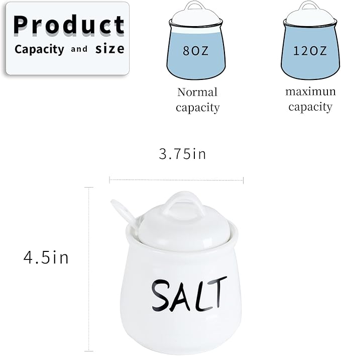 HAOTOP Salt Bowls with Lid and Spoon -12 oz Ceramic Salt Cellar, Salt Containers, Spice Box for Counter, Farmhouse Kitchen Decor, White