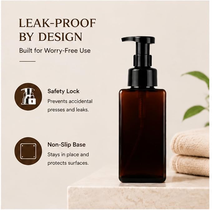 TMLECE 15oz/450ml Square Foaming Soap Dispenser Bottles(4 Pack) | BPA-Free PETG, Glass-Like Appearance, Rich Foam Pump with Leak-Proof Locking Design for Hand Soap, Cleanser & Body Wash,Brown