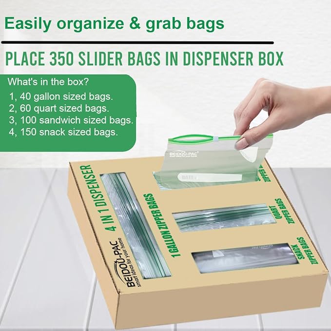 BEIDOU-PAC Combo Slider Storage Bags, 350 Count Resealable Variety Pack with Organizer, Reclosable Clear Plastic Snack, Sandwich, Quart,Gallon Size Bags (Variety Pack)