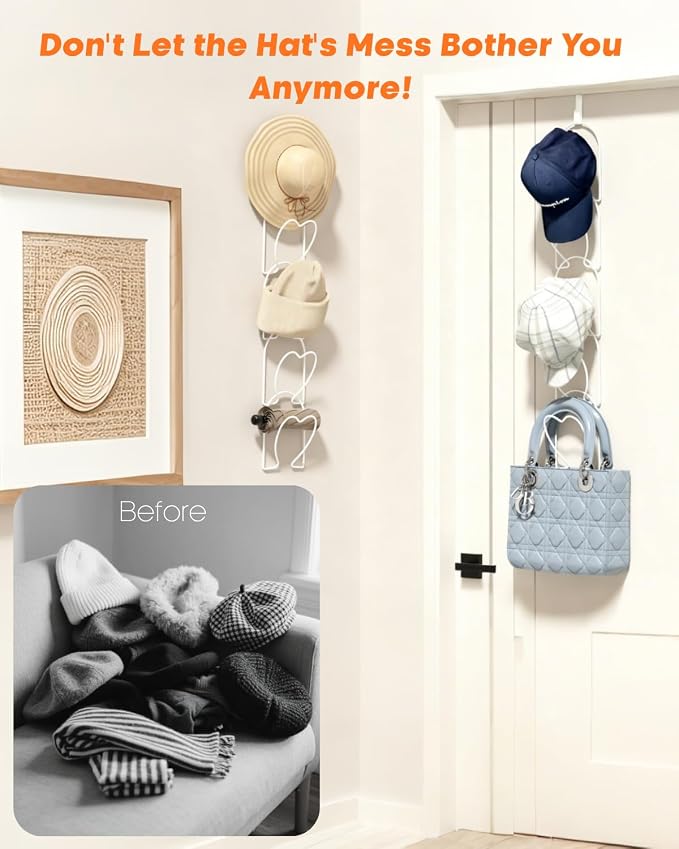 LINFIDITE 10 Pack Hat Rack Hanging Baseball Caps Display Storage Rack Hat Organizer Wigs Rack Over Door Wall Mounted Scarves Handbags Storage Holder for Door, Wall, Closet, Bathroom,White