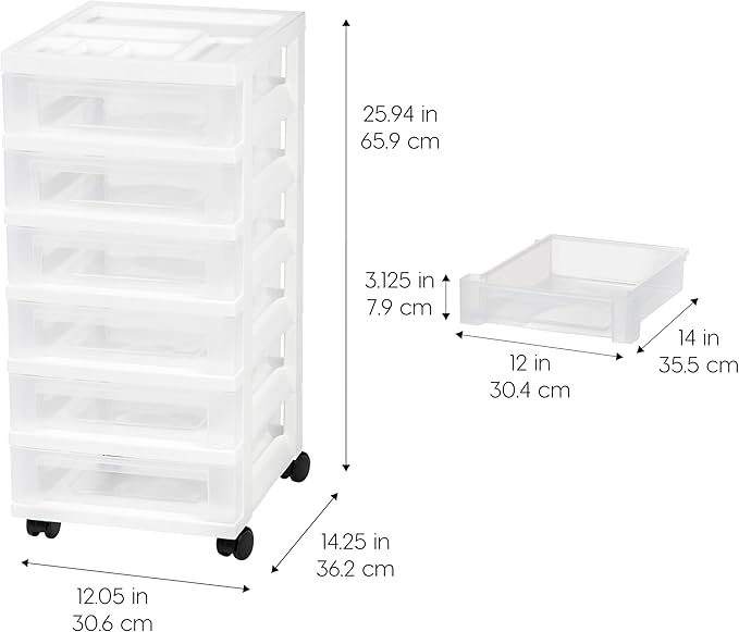 IRIS USA 6-Drawer Rolling Storage Cart, White/Clear | Keep craft supplies, office essentials, classroom items, and accessories organized with easy-access drawers for daily use