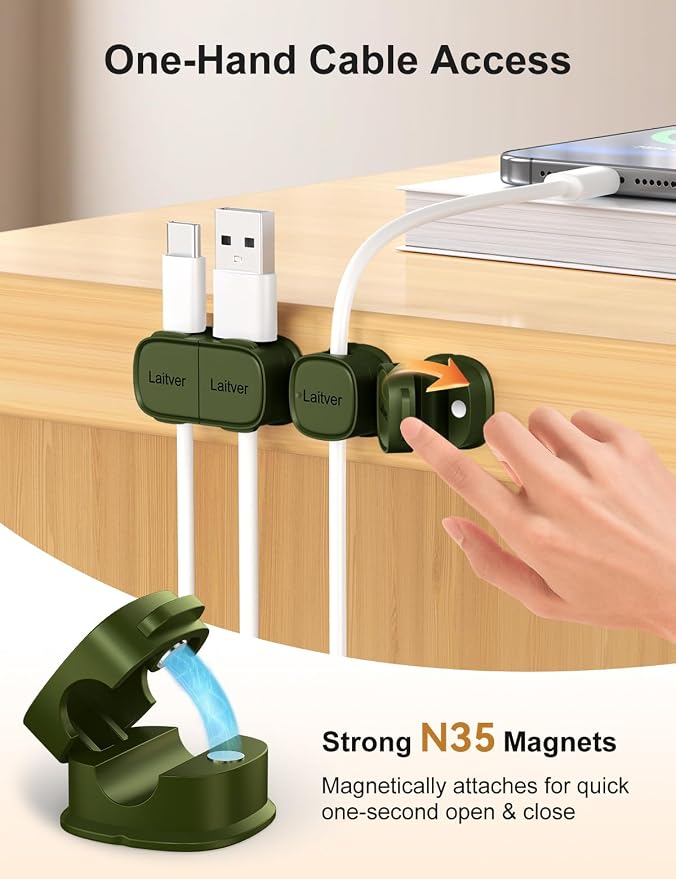 6 Pack Magnetic Cable Clips [1s Open/Lock], Cord Organizer Holder | Strong Adhesive Desk Cable Management- Organize Charging Cords Neatly for Home, Office, Car,Desk, Nightstand-Deep Green