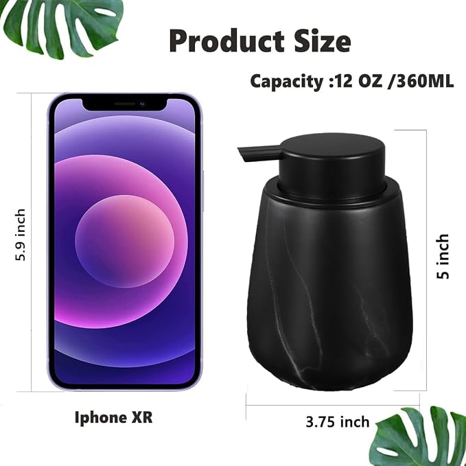 12Oz Foaming Hand Soap Dispenser - Ceramic Bathroom Foam Soap Dispenser with Easy-to-Press Black Pump, Refillable Lotion Hand Soap Dispenser, Dish Soap Dispenser for Kitchen, Marble Black