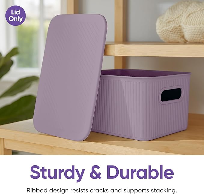 Superio Ribbed Collection - Decorative Plastic Basket Open Home Storage Bins Organizer, Lilac (Parent) Container Boxes for Organizing Closet Storage Bins for Shelves (Lid - Medium (5 Liter), 6 Pack)