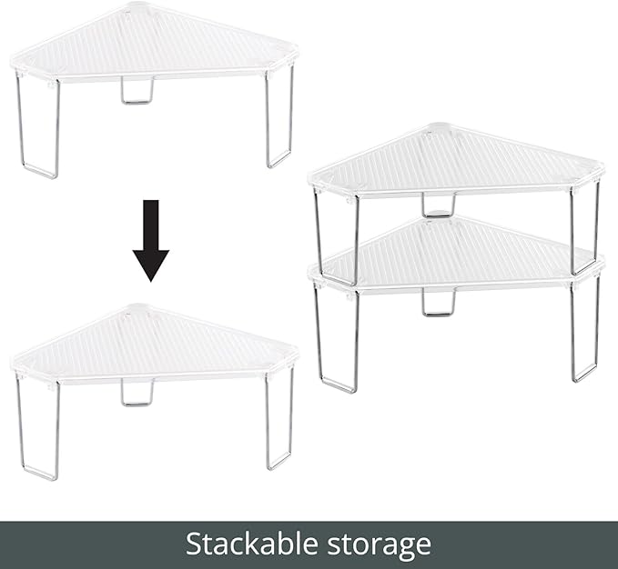 mDesign Plastic/Steel Freestanding Foldable Corner Stackable Organizer Shelf for Kitchen, Counter, Pantry, Cabinet Storage, Holds Plates, Dishes, Ligne Collection, Clear