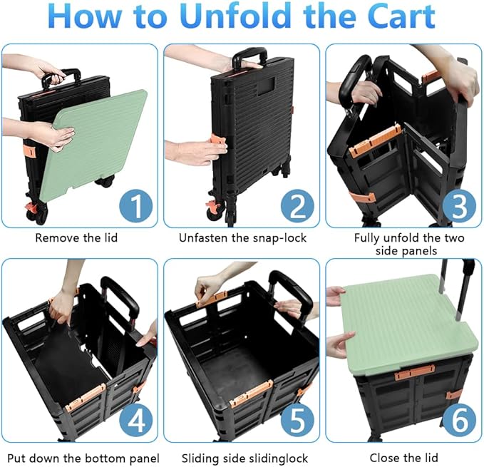 Quick Utility Cart Folding Portable Rolling Crate Handcart with Lid with Durable Heavy Duty Plastic Telescoping Handle Collapsible 4 Rotate Wheels for Travel Shopping Moving Luggage Office Use-Green