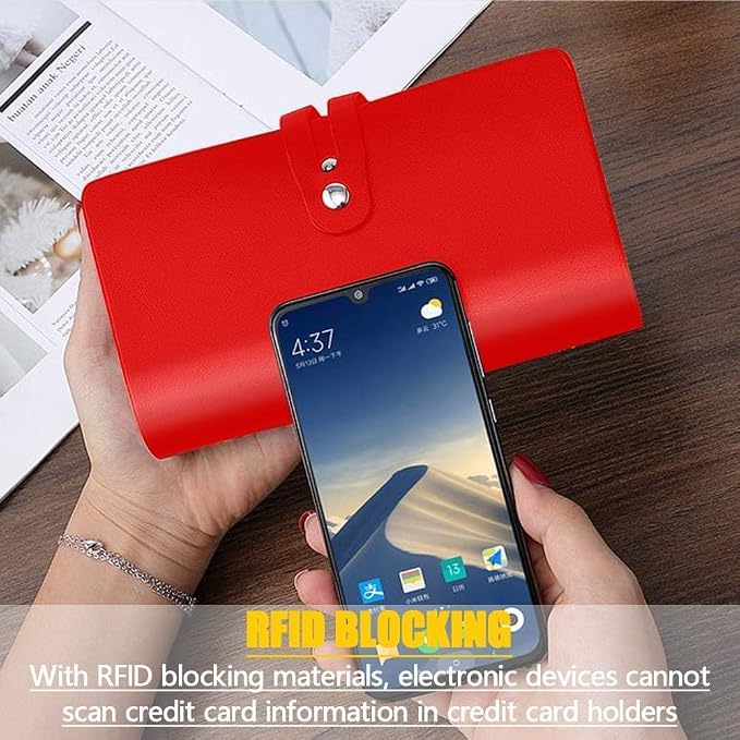 RFID Credit Card Holder, Leather Business Card Organizer with 96 Card Slots, Credit Card Case for Managing Your Different Cards and Important Documents to Prevent Loss or Damage (Red)