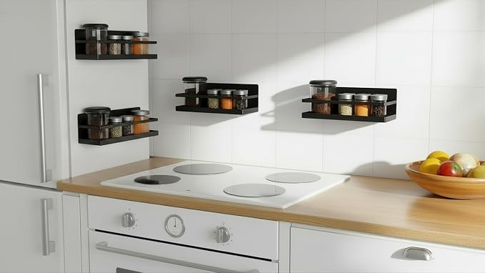 Magnetic Spice Rack Set of 2, Wall Mount or Refrigerator Organizer, Black Matte Steel Kitchen Shelf, Strong Magnetic Back, Drill or No-Drill Installation, Space Saving for Kitchen Organization