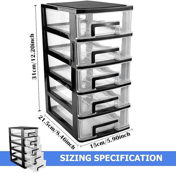 Plastic Desk Organizer,Desk Storage Box with 5 Drawers,Cosmetics Jewelry Storage Box Multifunction Storage Rack for Office School Home (Black &Transparent)