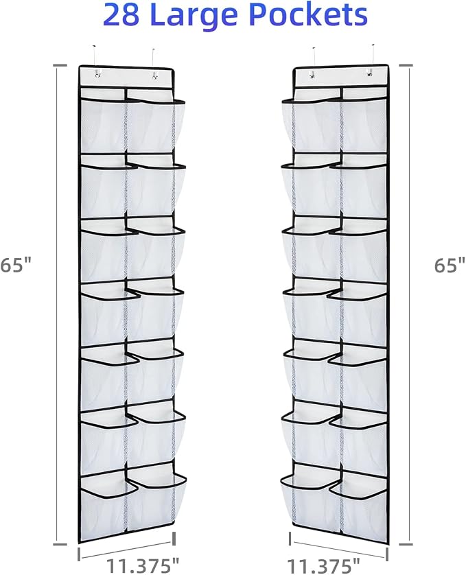 KEEPJOY 2 Pack White 14 Pockets Over the Door Shoe Organizer, Hanging Shoe Organizer with 4 Hooks, Shoe Holder with 14 Mesh Pockets Closet Door Shoe Storage Bag (White-2Pack)