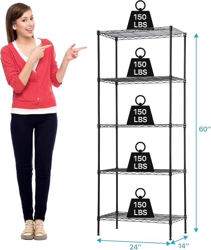 Meet perfect 5-Tier Wire Shelving Unit, 24" W x 14" D x 60" H Metal Storage Rack, NSF Certified Heavy Duty Garage Shelves, 750 lbs Capacity Adjustable Pantry Organizer for Kitchen, Laundry, Office