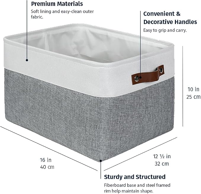 OrganiHaus 16x12.5in Canvas Storage Baskets 3 Pack | EXTRA LARGE Fabric Bins for Shelves | Linen Closet Organizer | Gray/Off-White