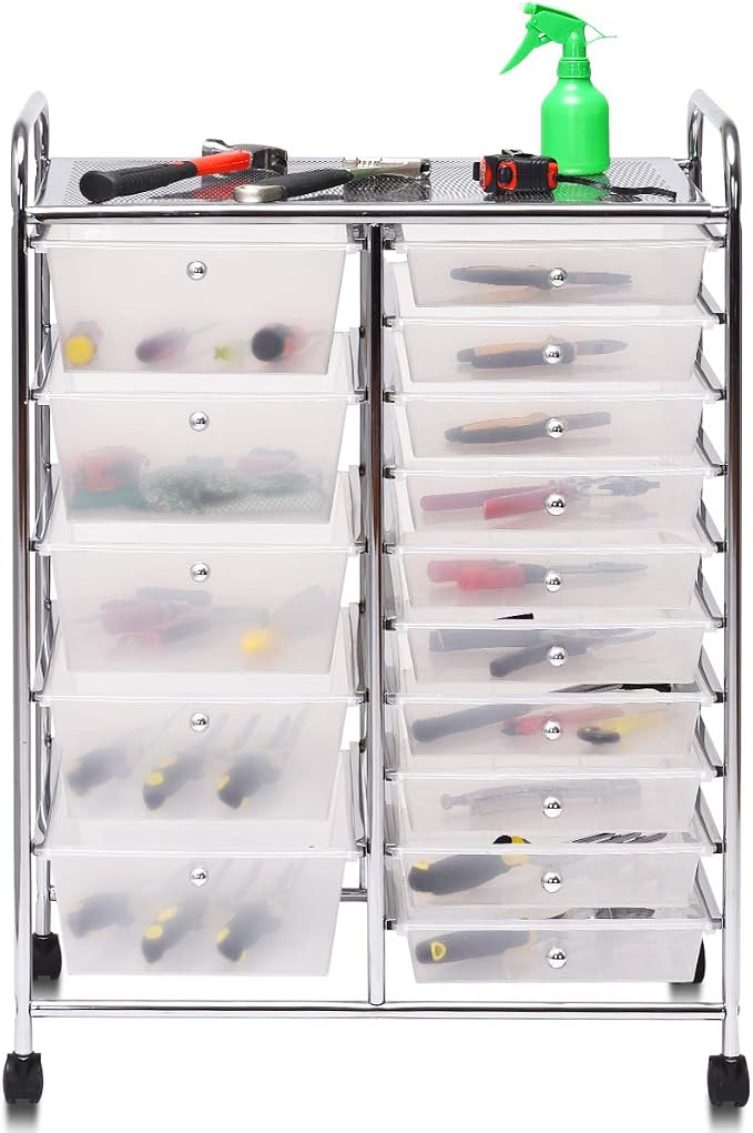 DREAMADE Rolling Cart with 15 Drawers, Clear Plastic Drawer Organizer w/Lockable Wheels, Removable & 2-Sized Storage Drawers, Art Cart for School Home Art Supplies Crafts File Scrapbook (Transparent)