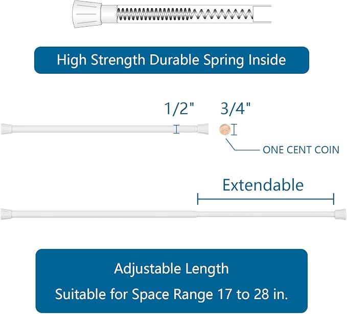 TYRON Spring Tension Curtain Rod 17 to 28 Inch, Adjustable Pressure Curtain Rod Tension, Window Rods for Curtains, Kitchen, Basement, Bathroom, RV (White, 2 Pack)