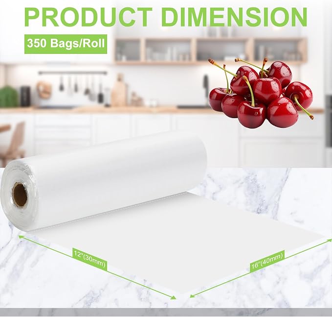 2 Rolls Food Storage Bags, 12" X 16" Plastic Produce Bag, Clear Plastic Bag for Food, Fruit, Vegetable, Refrigerator Storage, Kitchen