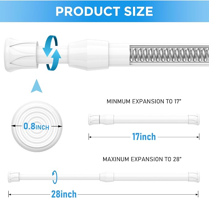 2 Pack Spring Tension Curtain Rod 17 to 28 Inch, DIY Small Curtain Rods No Drill for Window Cupboard Closet Kitchen Cabinets, White