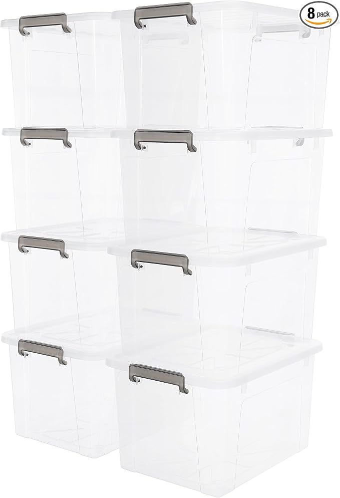 Citylife 44.4 QT Plastic Storage Bins with Latching Lids Stackable Storage Containers for Organizing Large Clear Storage Box for Garage, Closet, Kitchen, 8 Packs