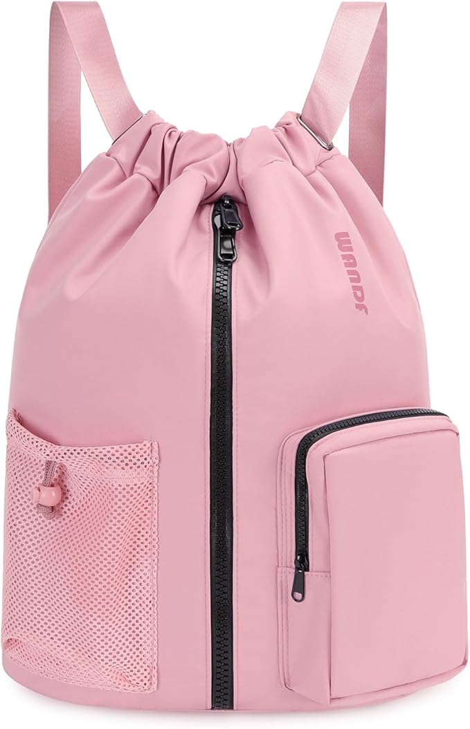 WANDF Drawstring Backpack with Shoe Compartment, Sports Gym Bag | Multi-Pocket Storage, Water-Resistant Fabric, Cinch String Bag