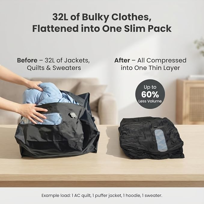 Travel Vacuum Compression Bag for Clothes, 32L Reusable Waterproof TPU Packing Organizer, Vacuum Bag for Suitcase & Carry-On, Fits Backpacks & Duffels (1 Bag, No Pump)