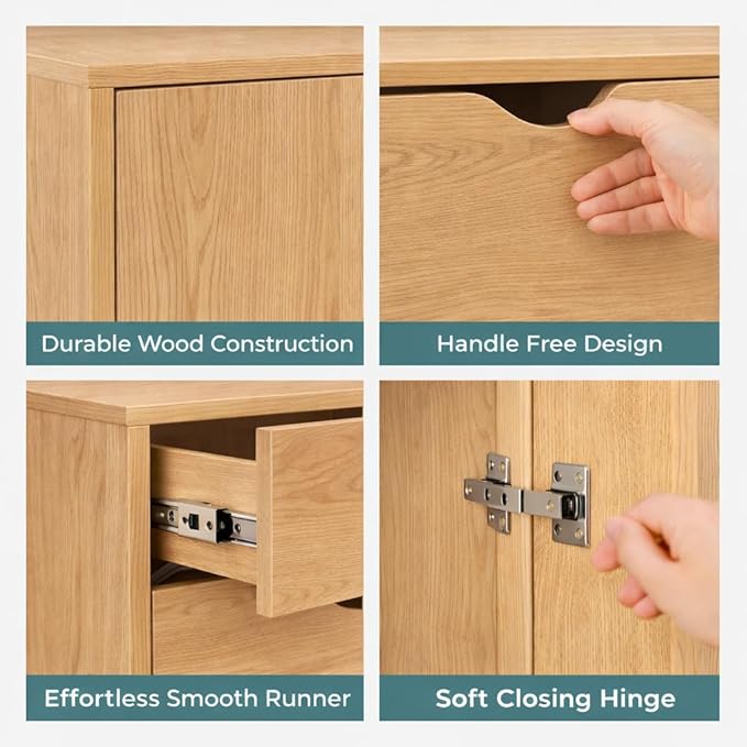 Naomi Home Wooden 5 Drawer Dresser with Cabinet Shelves and Wheels, Drawer Dresser for Bedroom Closet and Dressing Room Storage in Natural
