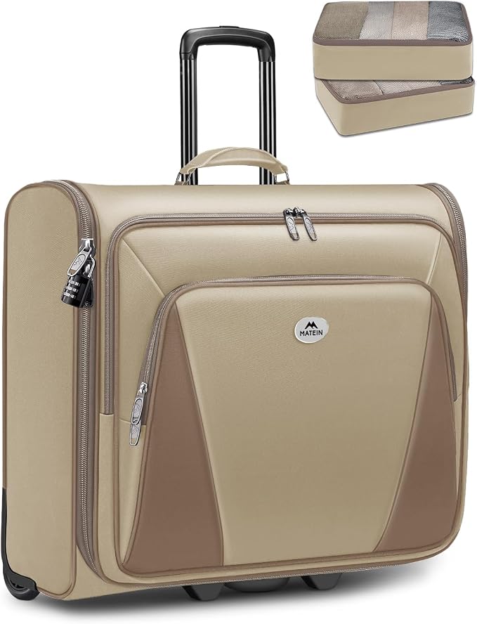 MATEIN Garment Bag with Wheels For Women, Large Wheeled Garment Bag, Khaki | For Hanging Clothes, 2 Packing Cubes, Softside, Foldable Travel Suit Carrier, Business Suitcase Luggage, Fits 17" Laptop