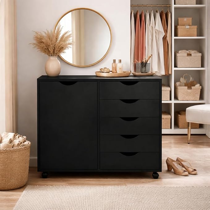 Naomi Home Wooden 5 Drawer Dresser with Cabinet Shelves and Wheels, Drawer Dresser for Bedroom Closet and Dressing Room Storage in Black