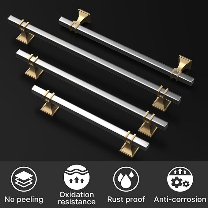 10 Pack 7-1/2 Inch Modern Silver & Gold Cabinet Pulls, Stainless Steel & Zinc Alloy, Anti-Corrosion, Kitchen Cabinet Hardware