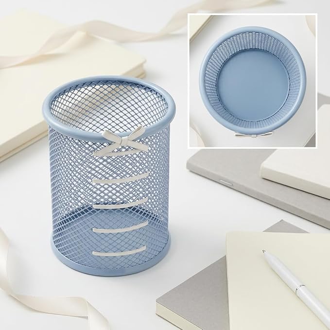 Pen Holder for Desk - Cute Ribbon Bow Wire Mesh Pencil Cup, Lace-up Desktop Organizer for Girls & Teens, Decorative Stationery Storage for Home Office (Blue)