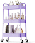 TOOLF 3-Tier Rolling Cart - Metal Utility Storage Organizer with Lockable Wheels, 33 lbs Per Shelf, Tool-Free 5-Min Assembly, for Kitchen Bathroom Office Nursery Craft Room, Purple