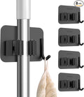 nacena 4 Pack No Drill Self Adhesive Broom Mop Holder Wall Mount with Hooks, Heavy Duty Stainless Steel Organizer for Kitchen Bathroom Garage Storage, Black