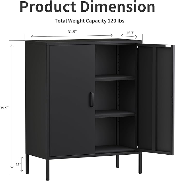 Washsemba Metal Storage Cabinet with Doors and Shelves,Multipurpose Storage Rack, 3-Tier Shelf,Metal Locker Style Accent Cabinet for Home Office,Living Room,Kitchen (Black, 40''H)