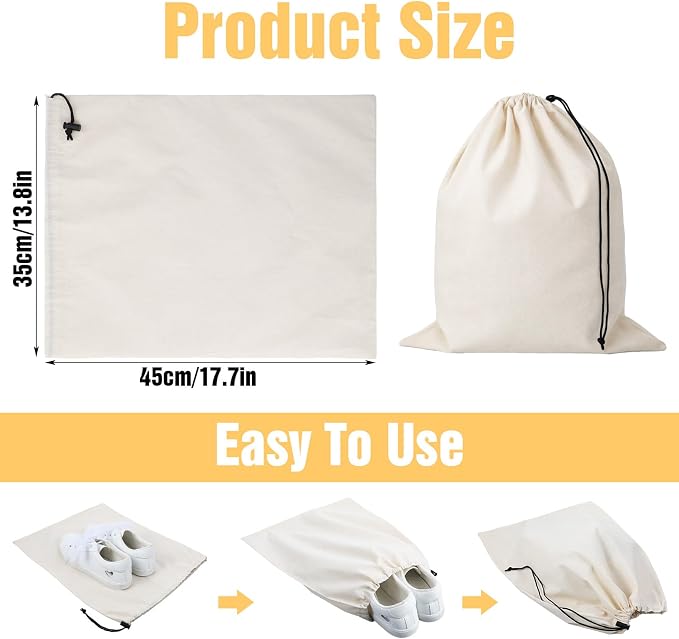 6 Pack Cotton Shoe Bags for Travel & Storage - 17.7"x13.8" Dustproof Drawstring Pouches, Washable & Reusable Cotton Organizers (Beige)