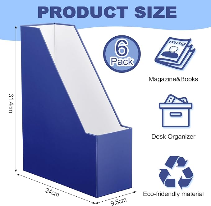 Feifeiya Magazine Holder Set of 6 Sturdy Cardboard Magazine File BOY7116 Beautiful Desk Book Organizer and Storage Box for Documents, Magazines Holder Rack for Shelf Home Office Classroom(Navy Blue)
