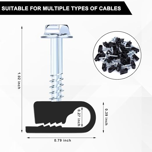 Cable Clips with Screws Fastener 1/4 Inch (6 mm) - All Weather Wire Clips for Coaxial, Ethernet,Electrical Cables,Brick/Stucco Siding Clips, UV-Resistant for Outdoor Wall Mount,100 Pack,Black