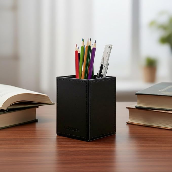UnionBasic Square Pen Holder, Leather Pencil Cup, Desktop Caddy Stationery Organizer, Black